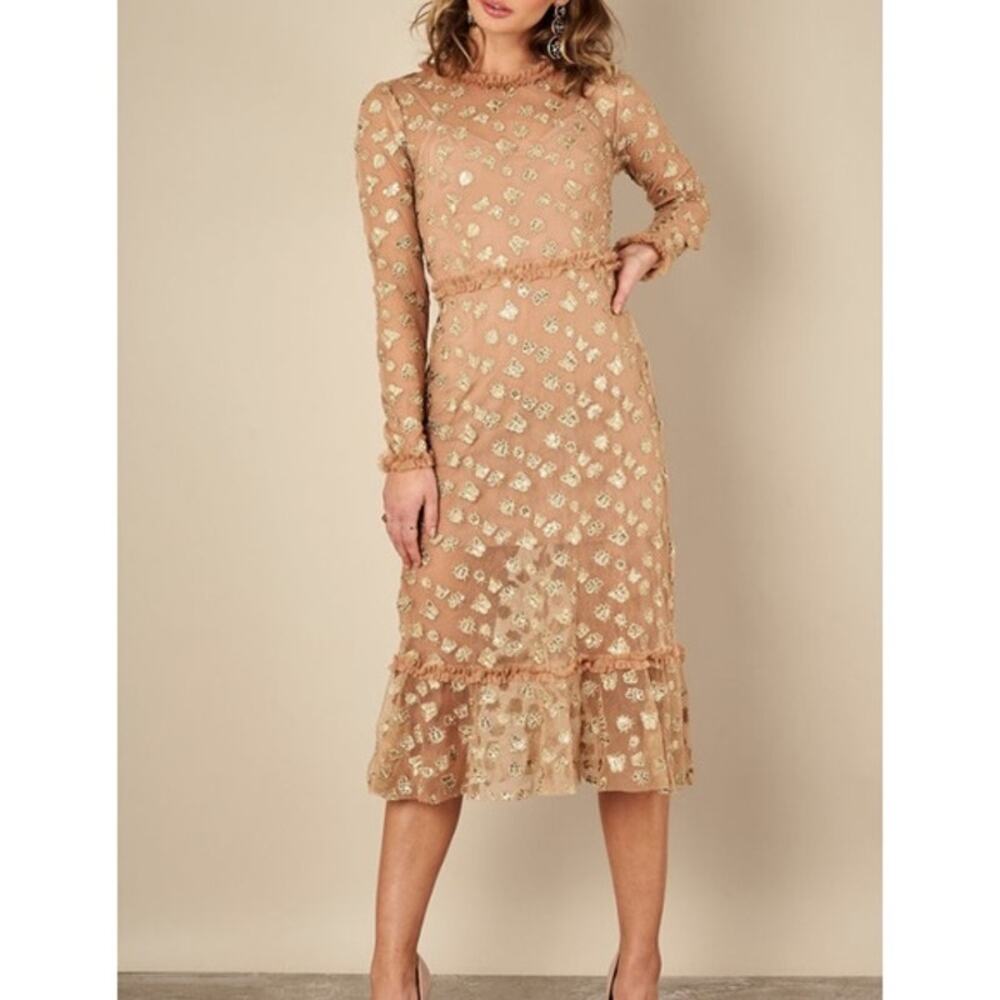 For Love & Lemons Sparkle Bug Golden Garden Tulle Long Sleeve Sheer Midi Dress